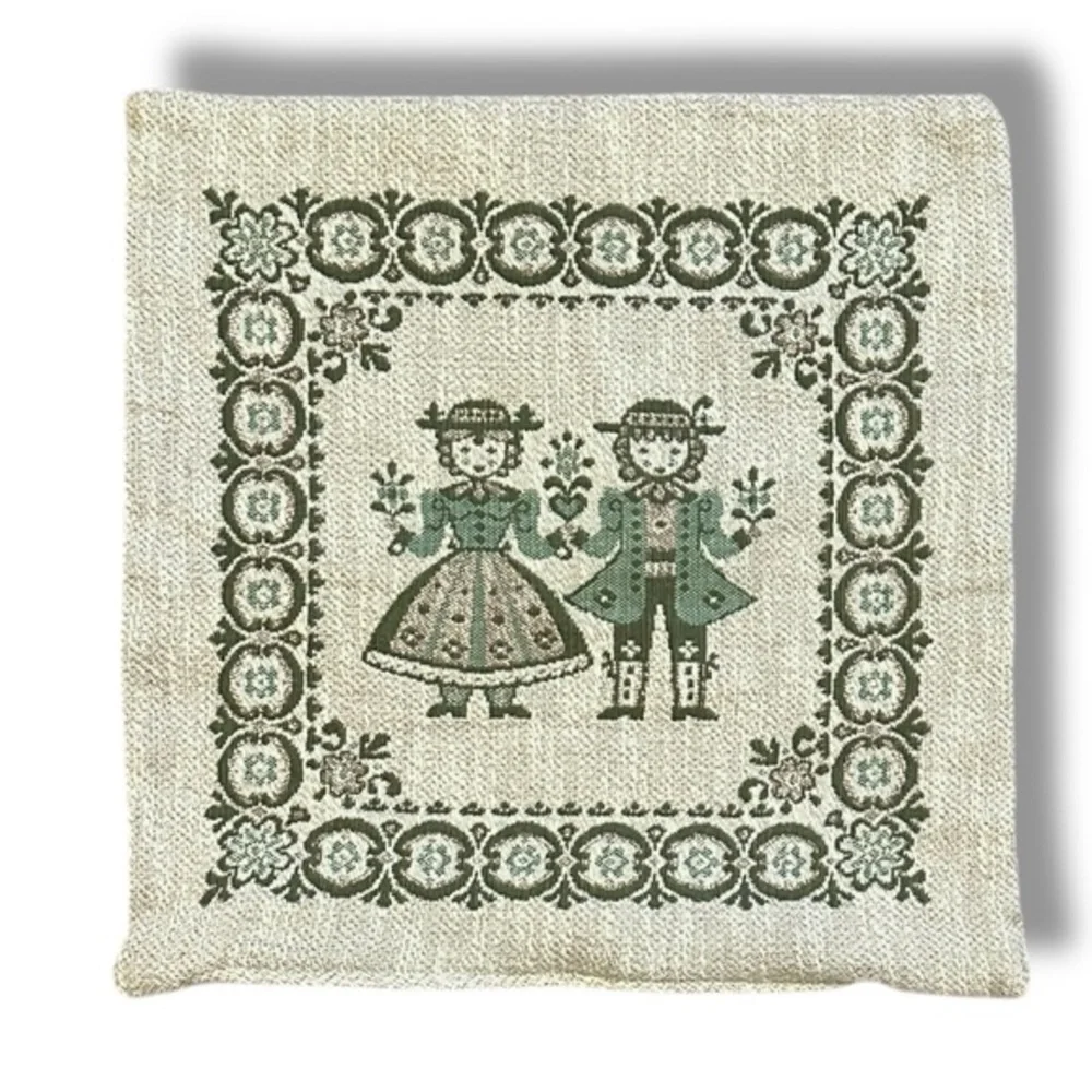 Vintage Austrian Folk Woven Square Pillow Case Boy Girl Beige Green Oktoberfest